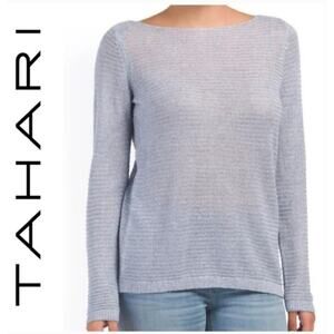 Tahari Blue Linen Boatneck Ribbed LS Sheer Sweater Size L